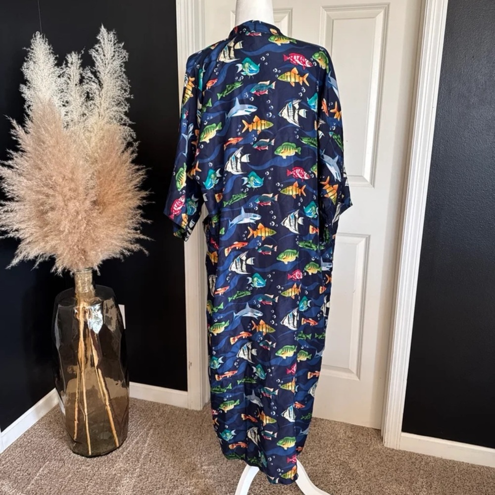 Vintage Whitby 100% SILK Fish Print Robe Kimono Swimsuit Coverup One Size - Picture 7 of 12